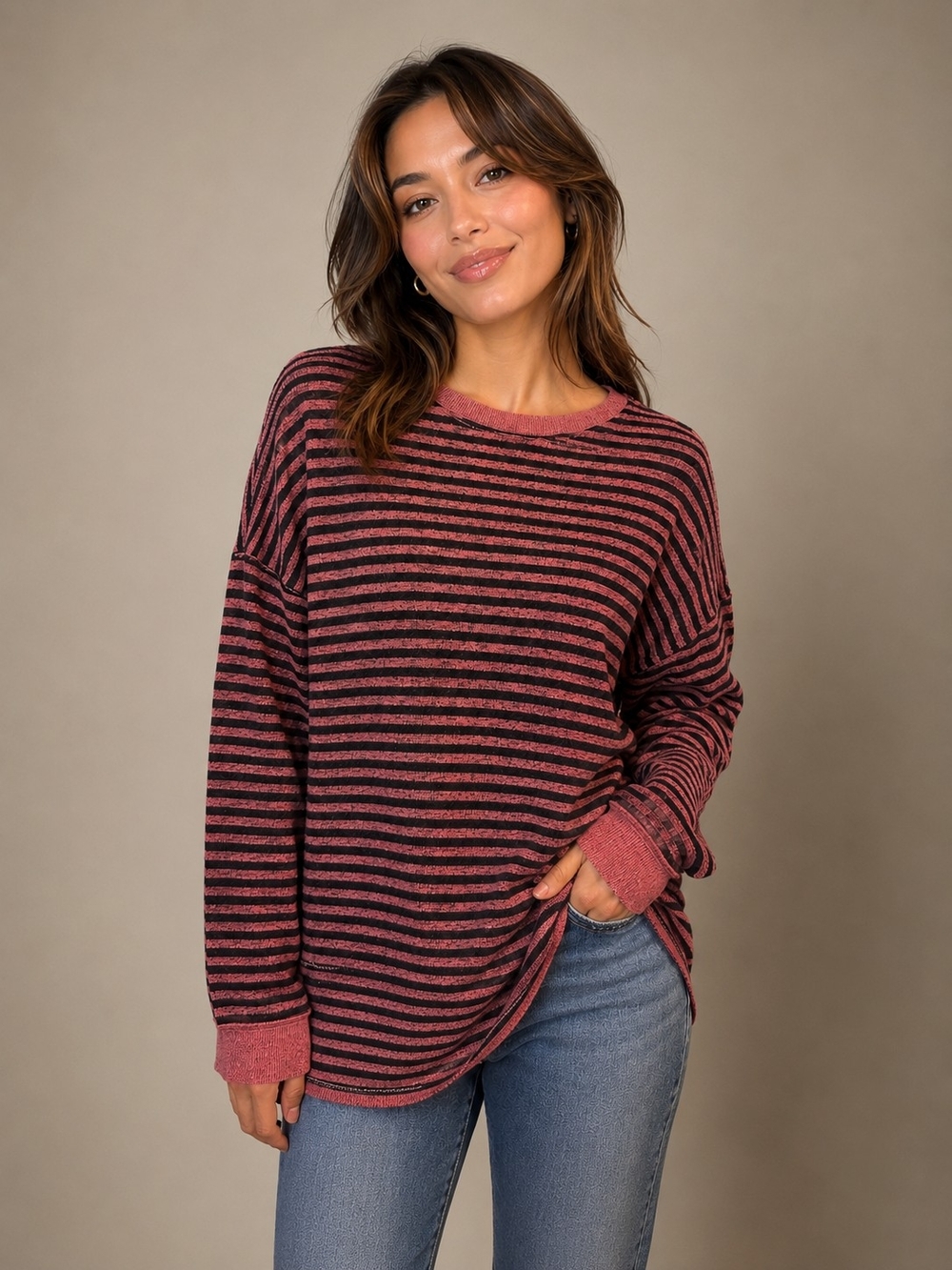 Workshop Republic Clothing Pink and Black Lightweight Striped Crewneck Sweater